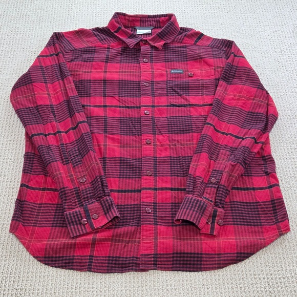 Columbia Mens Flannel Shirt Size L Red Black Plaid Long Sleeve Button Up - Picture 1 of 5